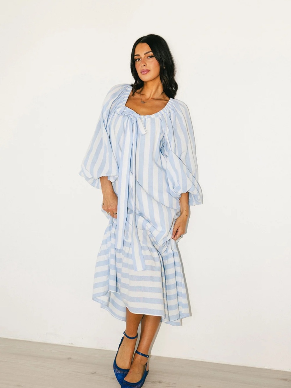 Striped Blue & White Maxi Dress with Tie Neck
